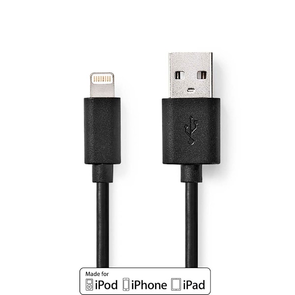 Lightning Kabel | USB 2.0 | Apple Lightning, 8-stifts | USB-A Hane | 480 Mbps | Nickelplaterad | 1.00 m | Rund | PVC | Svart | Label