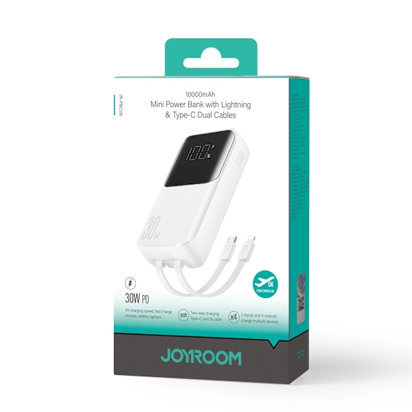 Mini powerbank 10000mAh med inbyggda kablar JR-PBC06 30W vit