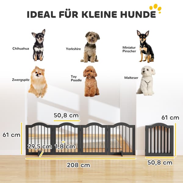 Fritstående hundegitter, foldbart, 4 paneler, 208x29,5x61 cm, sort