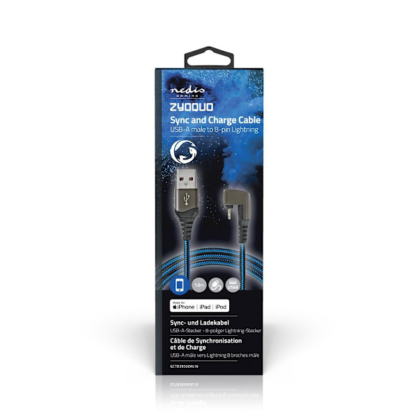 USB kaapeli | USB 2.0 | Apple Lightning 8-Pin | USB-A Uros | 12 W | 480 Mbps | Niklattu | 1.00 m | Pyöreä | Nailon / Punottu | Musta / Sininen | Laati