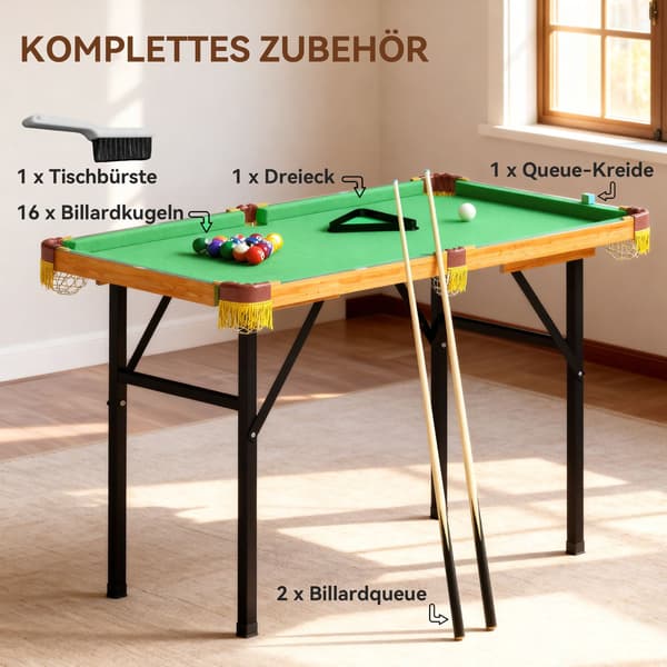 Hopfällbart minibiljardbord, 2 biljardköer, 16 bollar, grönt