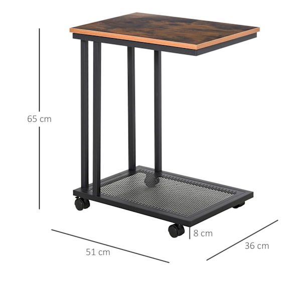 Sidebord C-Formet Rullevogn, Serveringsvogn, Sidebord, Træ + Metal, Sort + Valnød, 51X36X65 Cm