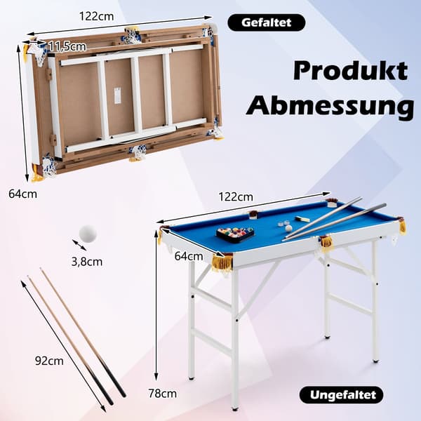 Sammenklappeligt poolbord med køer, bolde, kridt og børste