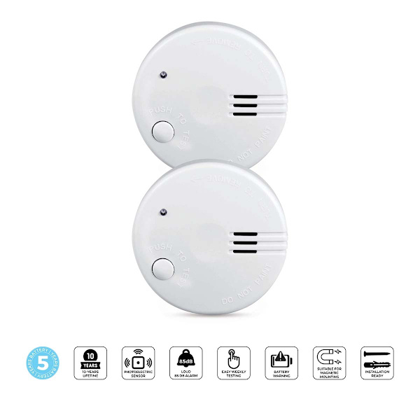 Mini-rökdetektor, 5 års batteri, 2-pack, vit
