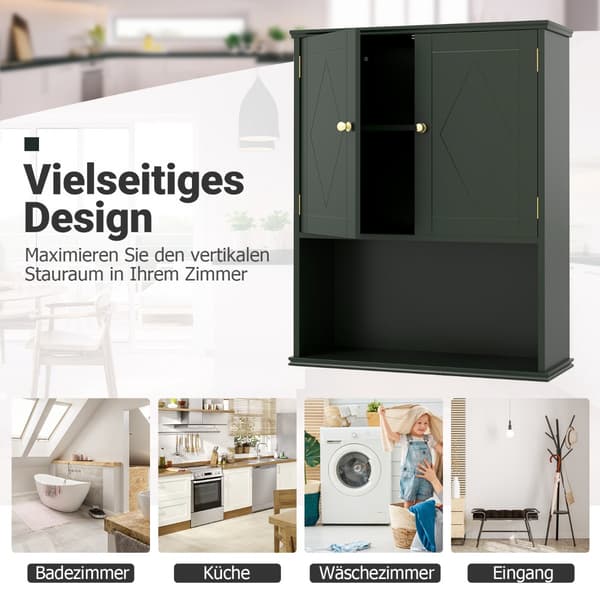 Väggmonterat badrumsskåp, grönt, 2 dörrar, justerbart hyllplan