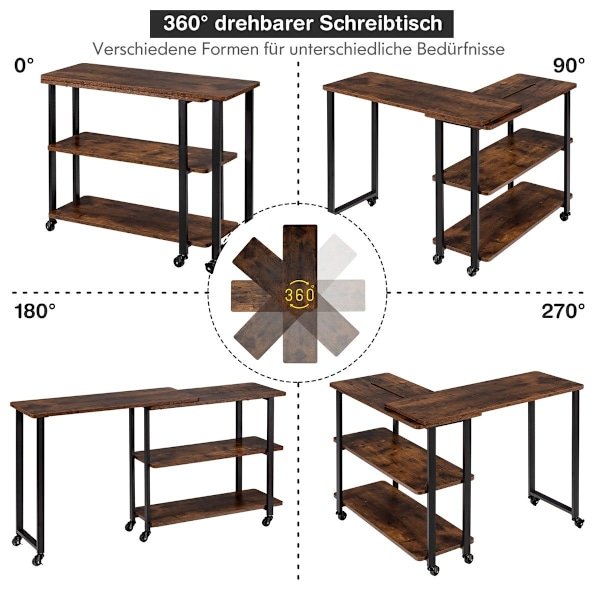 L-format sidobord med hjul & 2 hyllplan 360° roterande soffbord Rustikbrun