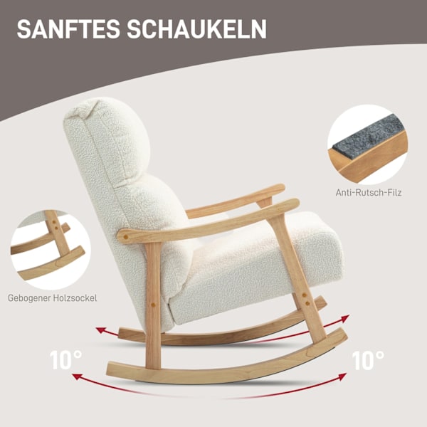 Gyngestol, ergonomisk gyngestol, lænestol, ammestol med fløjlslook, gyngestol kan holde op til 120 kg, til soveværelse, stue, cremehvid