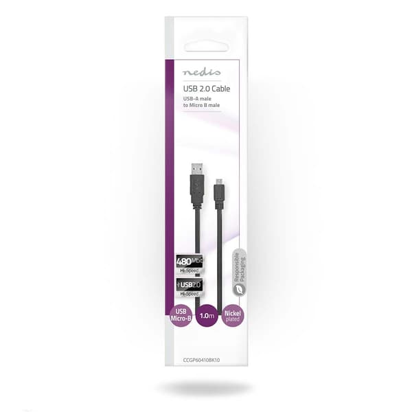 USB-kabel | USB 2.0 | USB-A Han | USB Micro-B han | 480 Mbps | Nikkelplateret | 1.00 m | Fladt | PVC | Sort | Plastikpose