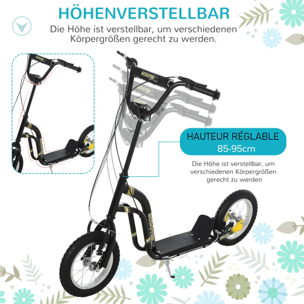 Børnescooter Fra 5 År Scooter Børnescooter City Scooter Luftdæk 12 Tommer Gummi Aluminium Sort 120X58X85-95Cm