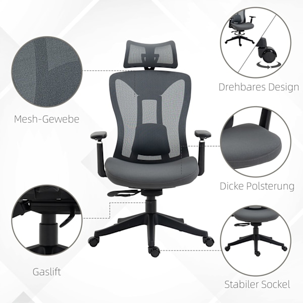 Kontorsstol Ergonomisk skrivbordsstol med liggande funktion Mesh Grey för bekvämt arbete och avkoppling