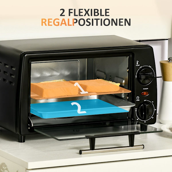 Miniovn 10 Liter 750W Lille Elektrisk Ovn Med Temperatur Op Til 230 ℃ Timer 60 Minutter Bageplade Og Stativ 36,5X26X22 Cm Sort