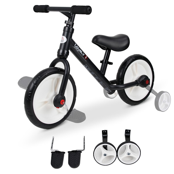 Barncykelbalanscykel med träningshjul, pedaler, sitshöjd justerbar, för 2-5 år, PP, svart