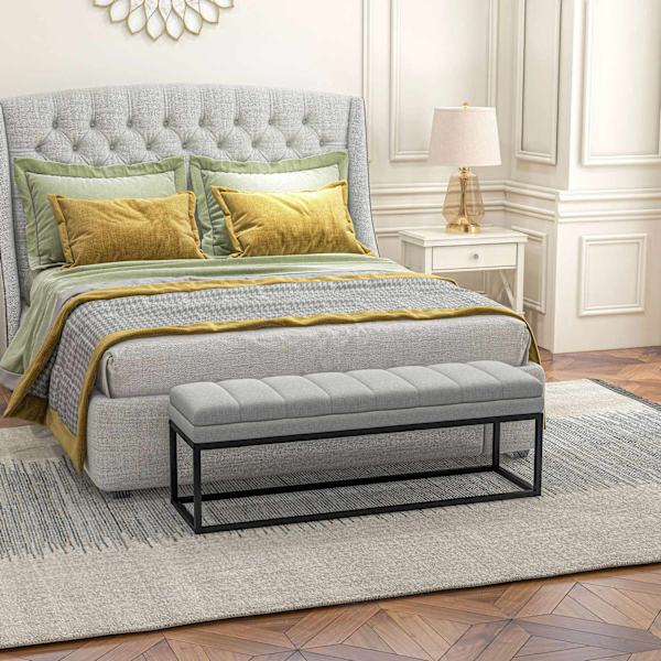 Bænk I Linned Look Polstret Bænk Til Soveværelse, Sengebænk, Påklædningsbænk, Op Til 200 Kg, Stål, Lysegrå, 120X44X45,5 Cm