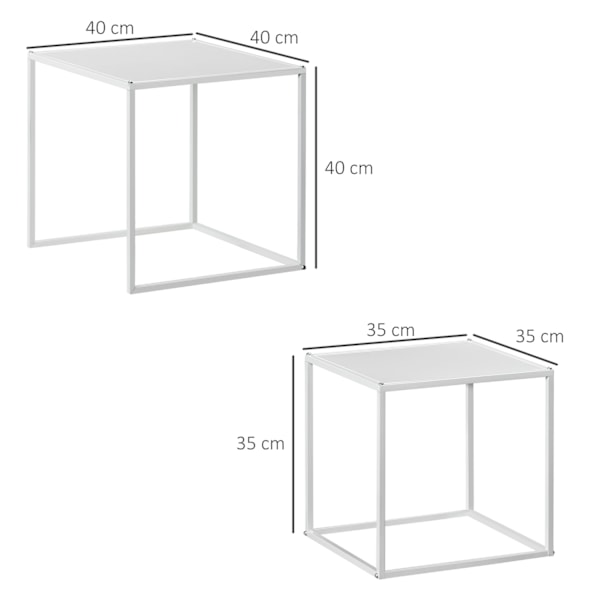 Set med 2 soffbord, fyrkantiga sidobord, soffbord med stålstomme, soffbord i modern design, för vardagsrum, bärförmåga upp till 10 kg, vit