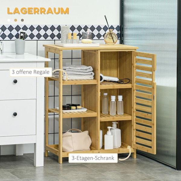 Kylpyhuonekaappi kylpyhuonekaappi kaappiosastolla & 3 avointa tasoa, wc-kaappi, kärkisuojaus, sivukaappi, bambu, luonnollinen