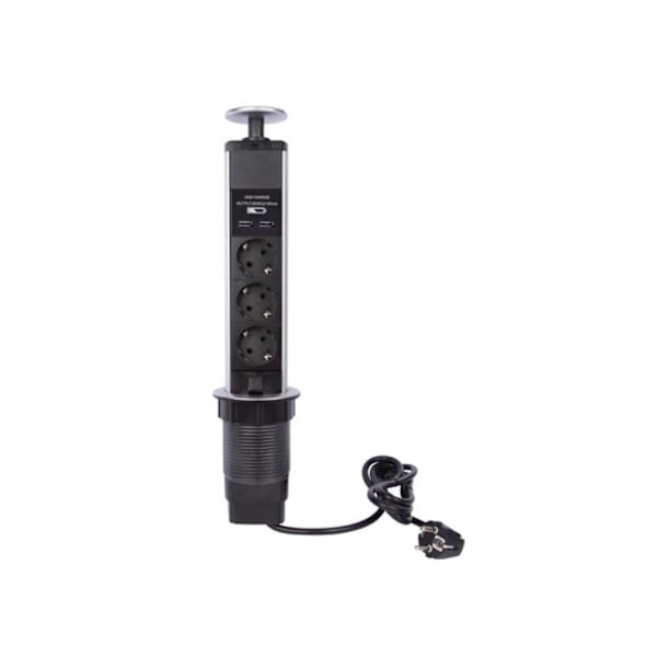 3-vejs pop-up skrivebordsstik med 2 x usb - Schuko