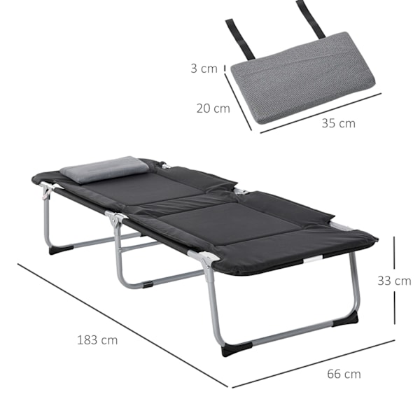 Sammenklappelig Campingseng Camp Seng Med Pude, Let Og Bærbar, Til Udendørs Og Camping, Sort+Sølv, 183X66X33Cm