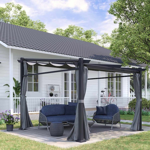 Pergola 2,97X2,95M Vandafvisende Lysthus Med Solsejl Og Sidepaneler, Polyester, Mørkegrå