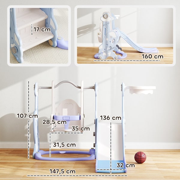 Slide 4-i-1 barnrutschbana med gunga, basketkorg, klätterställning, småbarnsrutschkana med raketdesign lekplats för inomhus och utomhus 1,5-4 år barn