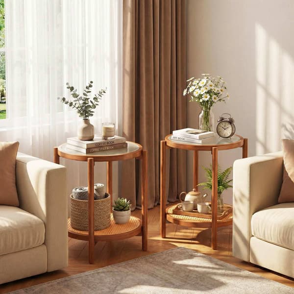 Boho 2-tasoinen sivupöytä karkaistulla lasikannella, pähkinäpuu