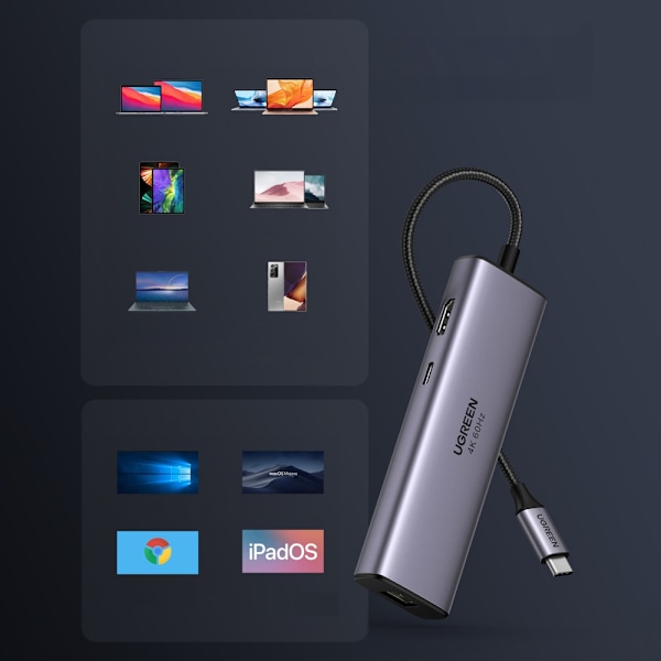 7-i-1 multifunktionell USB-C HUB - 2x USB HDMI 4K SD- och TF-kortläsare USB-C RJ45 1 Gbps grå