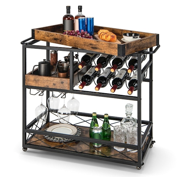 Serveringsvagn 3-vånings rullstångsvagn med avtagbar bricka 80 x 40 x 83 cm Rustikbrun