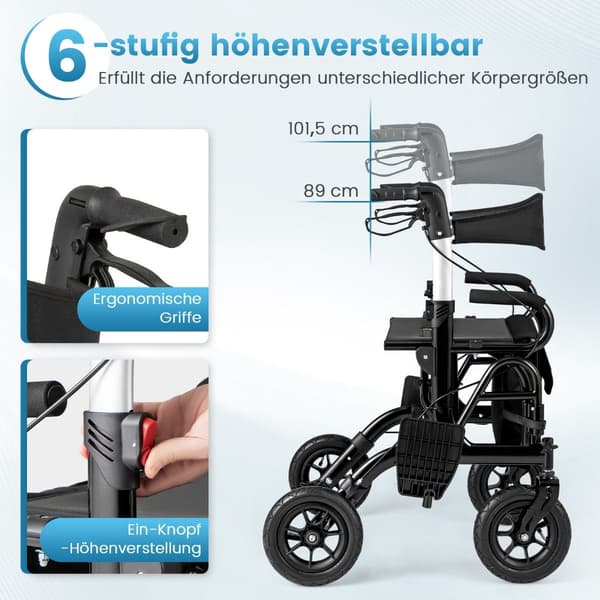 2-i-1 rollator & kørestol, let, sammenklappelig, sort