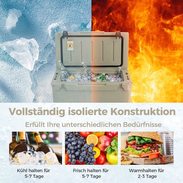 47L isoleret kasse med flaskeåbner og håndtag Bærbar køleboks varmebeholder til camping Kahki