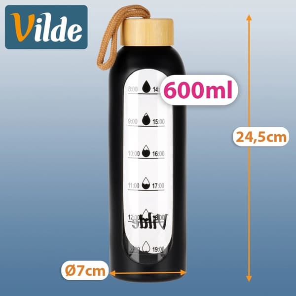 Lasinen vesipullo mustalla silikonisuojuksella, 600ml