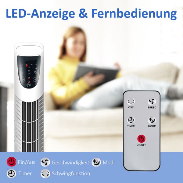 Tårnventilator, 3 tilstande, Stille drift, Timer, Fjernbetjening, Hvid