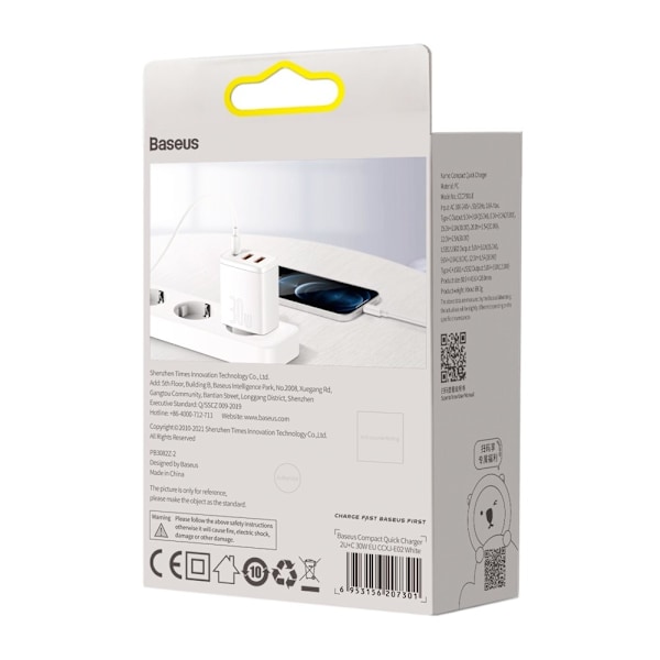 Kompakt hurtig vægoplader 2x USB USB-C 30W 3A PD QC hvid