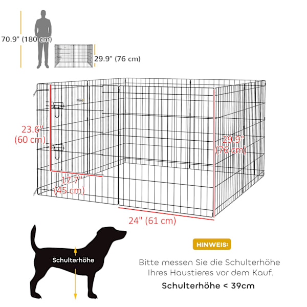 Puppy Run 76 cm høj, 8-delt hvalpekralegård med lås, DIY Outdoor Run Hundegård til mellemstore hunde, marsvin, kaniner, metal, sort