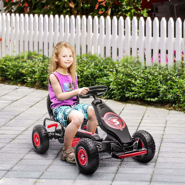 Gokart, børnekøretøj med justerbart sæde, pedalkøretøj med gummidæk, pedal, håndbremse, til 5-12 år, udendørs, rød + sort
