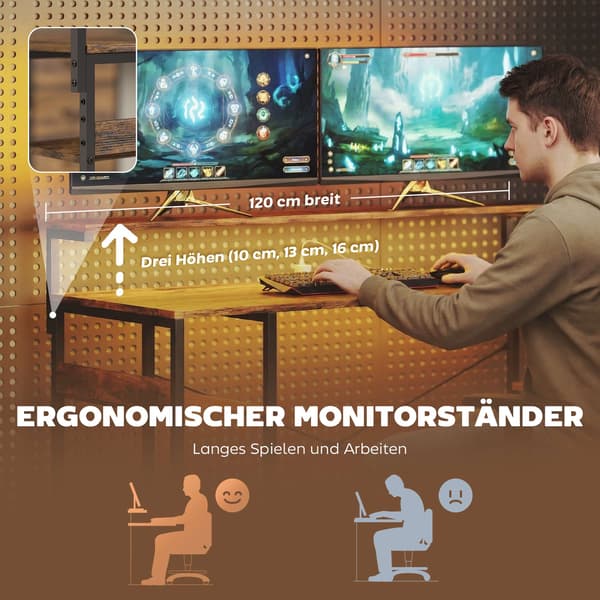 Vendbart L-formet gamingbord med LED-lys og opbevaring