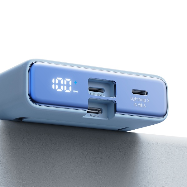 Magneettinen varavirtalähde 10000mAh 20W jalustalla + Lightning-kaapeli - USB-C sininen