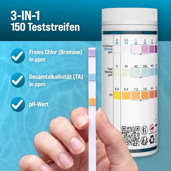 Poolteststrimler 3-i-1, 150 stk. til pH, klor, alkalinitet