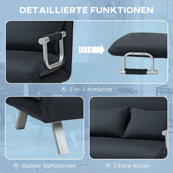Bäddsoffa, bäddsoffa med justerbart ryggstöd, kudde, 2-sits soffa med sovfunktion, sammetslook, armstöd, soffa för vardagsrum, sovrum, svart