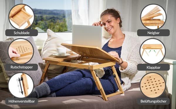 Bambu laptopbord med ventilationshål och låda