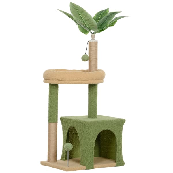 Kradsetræ med hule, seng og jutestolper – 98 cm, bladdesign
