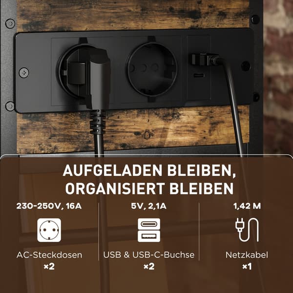 Sidebord med strømstik, USB-porte, 2-lags opbevaring, rustik brun