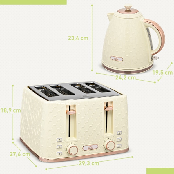 Vattenkokare med brödrost 1,7L vattenkokare 4 skivor toast frukostset med 7 bryningsnivåer, automatisk avstängning, avfrostnings- och återuppvärmnings