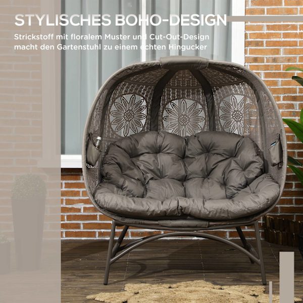 Garden Chair 2-Paikkainen Korituoli Kokoontaitettavalla Korilla Papasan-Tuoli Tyynyllä Lepotuoli Parvekkeelle Patiolle Teräshiekka 126 X 75 X 142 Cm