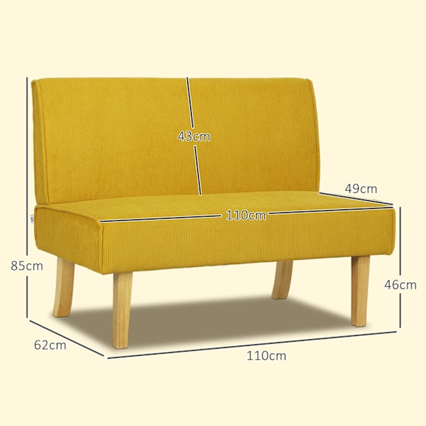 2 pers. sofa, sofa med fløjlslook, træben, polstret sofa, dobbeltsofa til soveværelse, stue, 110 x 62 x 85 cm, gul