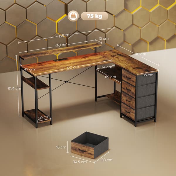 Vendbart L-formet gamingbord med LED-lys og opbevaring