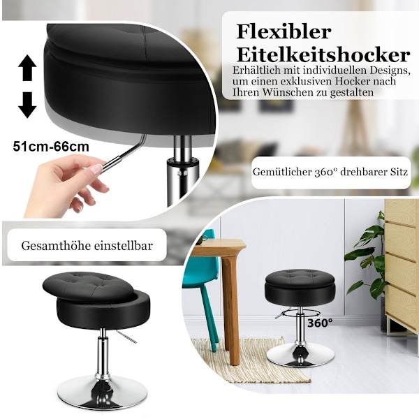 Makeup taburet med opbevaringsplads 360° roterende skammel lavet af sort imiteret læder