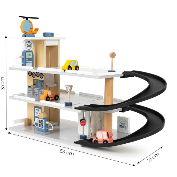 Stort trägarage, parkering med hiss, bilar, helikopter, ECOTOYS biltvätt