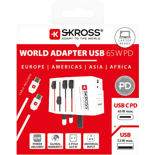 Världsreseadapter MUV USB AC65PD USB-A+USB-C PD 65W Ojordad