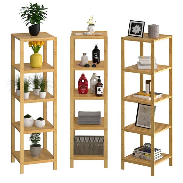 Hylla i bambu med 5 våningar, 140x33x33cm, slitstarkt förvaringsställ