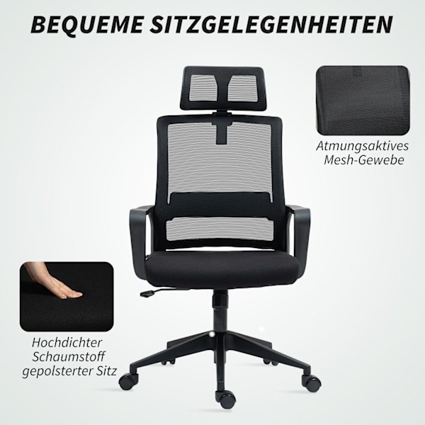 Toimistotuoli Ergonominen pöytätuoli käsinojalla, säädettävä niskatuki, korkeussäädettävä verkkotuoli keinutoiminnolla, musta