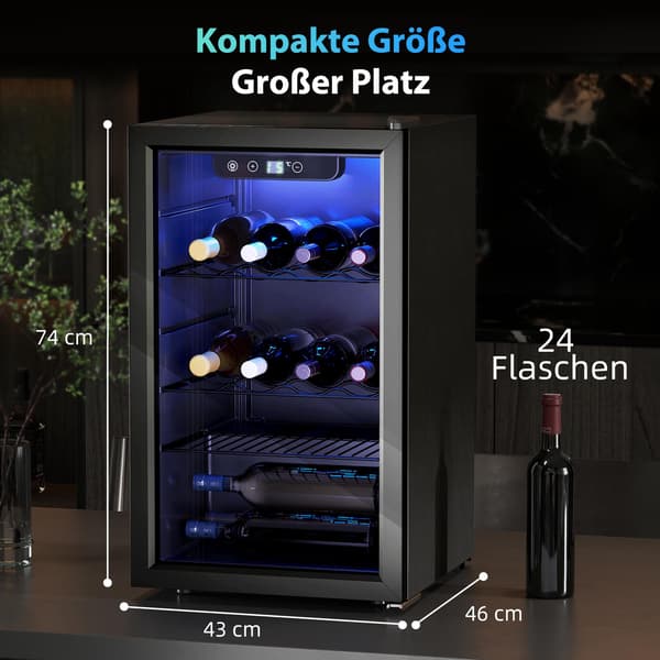 Vinkøleskab, 24 flasker, 68L, 4–16C, glasdør, sort